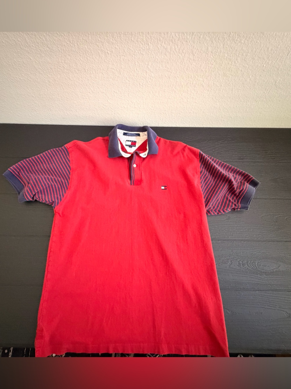 Vintage Tommy Hilfiger Red Polo with Navy Striped Sleeves